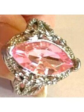 Silver-Tone Simulated Marquise Pink Sapphire Ring W/Crystal Accents Size 8.5-9